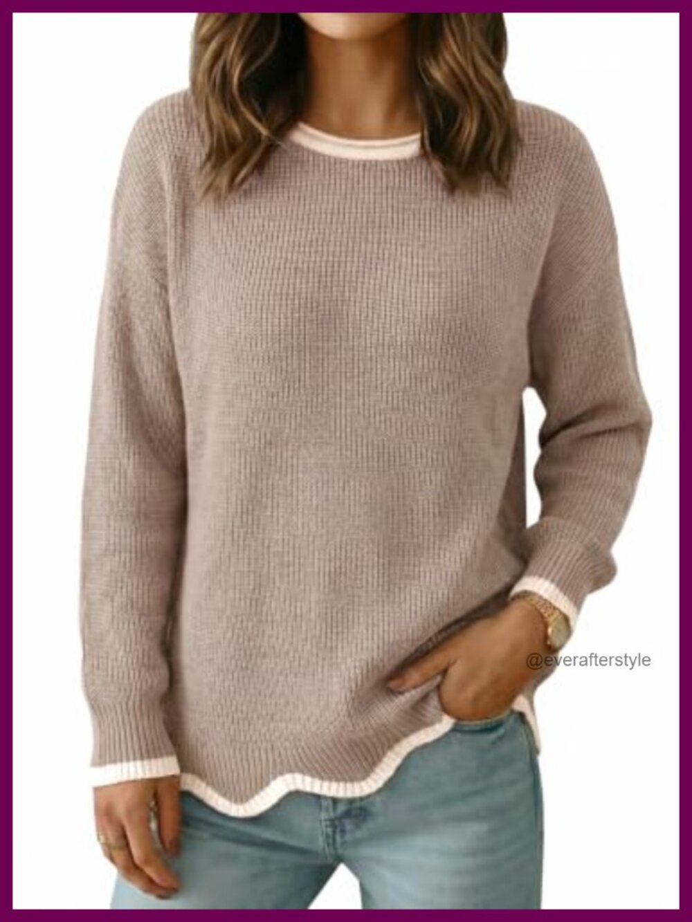 Women's Scalloped Hem Crewneck Sweater Casual Pullover - Picture 3 of 5